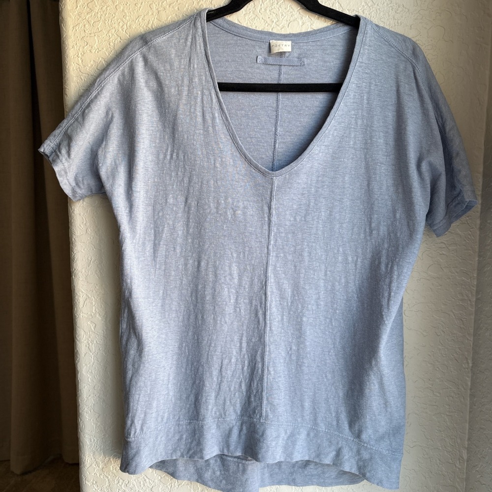 Poetry Women XS Tee Blue Hemp Cotton V-Neck Short‎ Sleeve Relaxed Slub Top